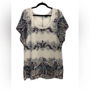 Free People Paisley Print Short Sleeve Tunic Top - Cream and Green